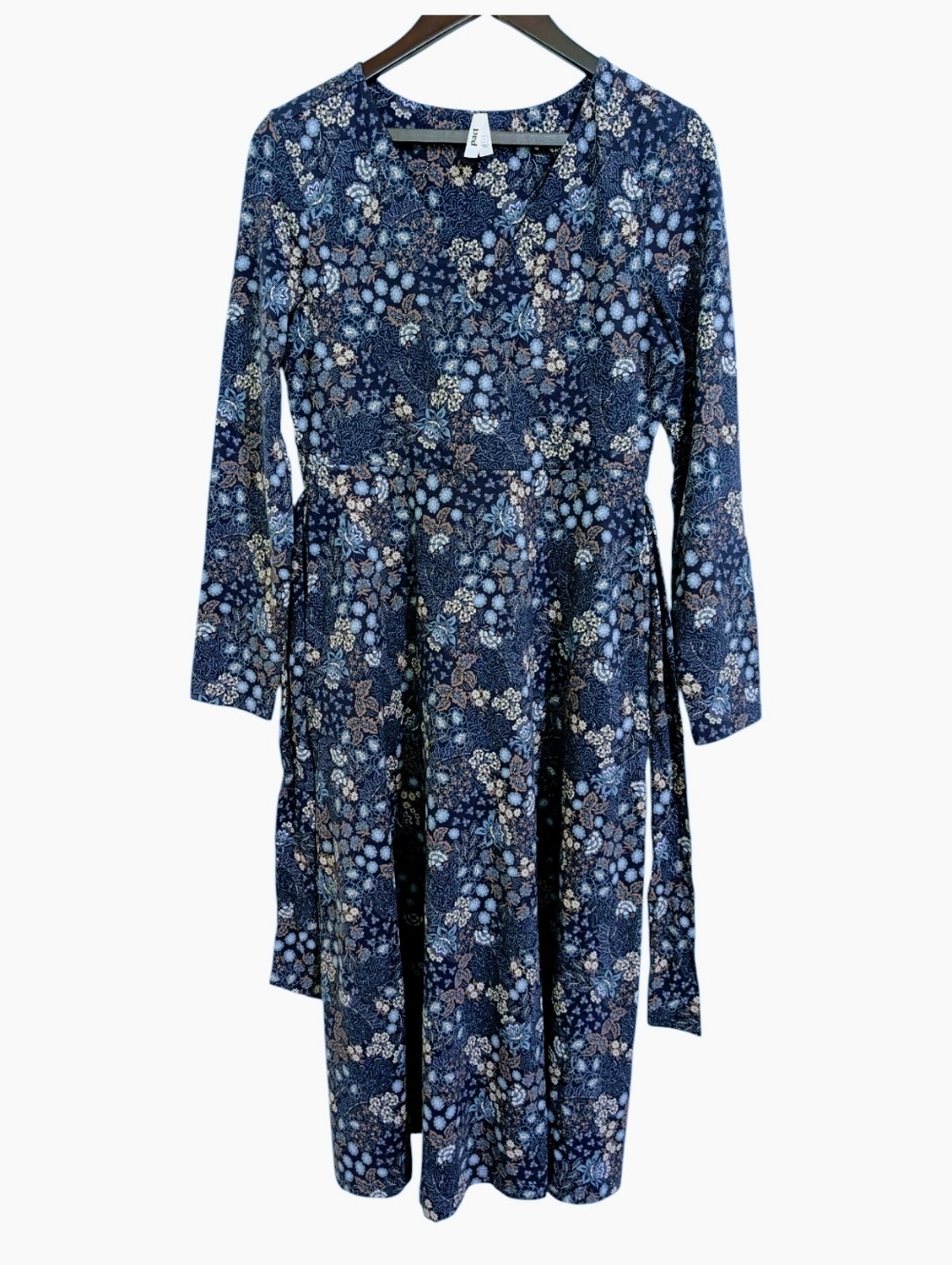 Pact Organic Cotton Floral V-Neck Midi Dress Pockets Tie Waist Blue L - Picture 4 of 8